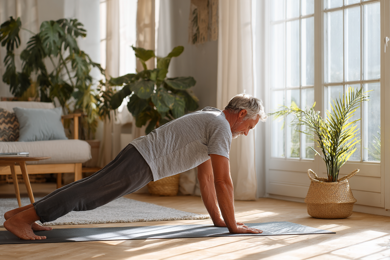 Пожилые люди занимаются йогой в парке